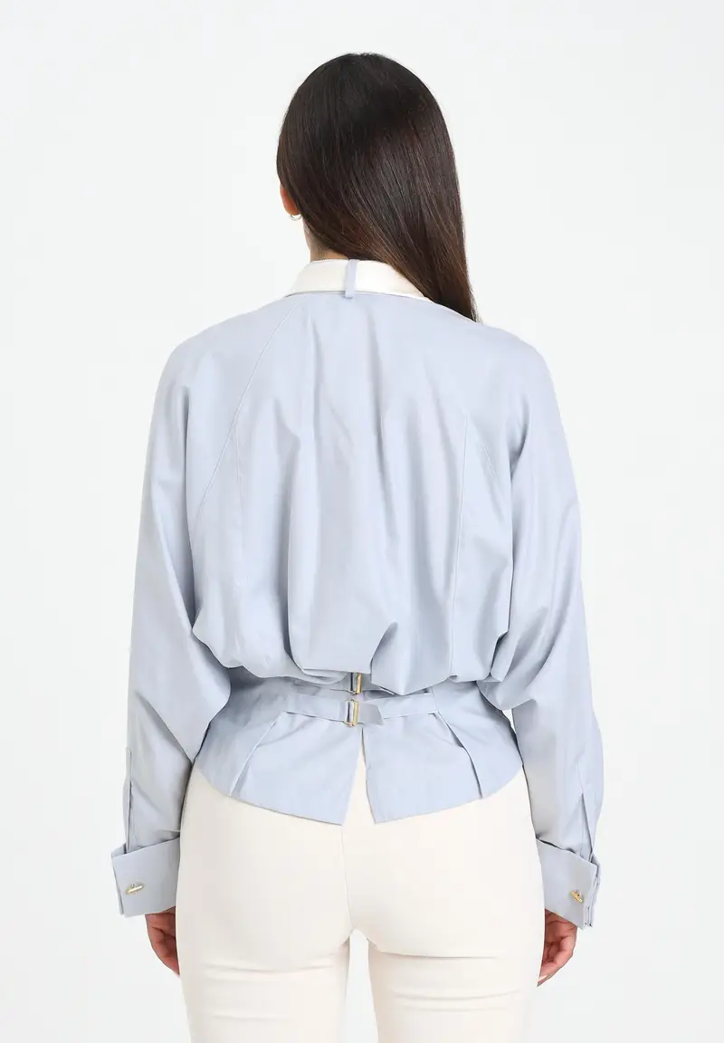 ELISABETTA FRANCHI Camicia a manica lunga celeste da donna con cravatta miniatura 3