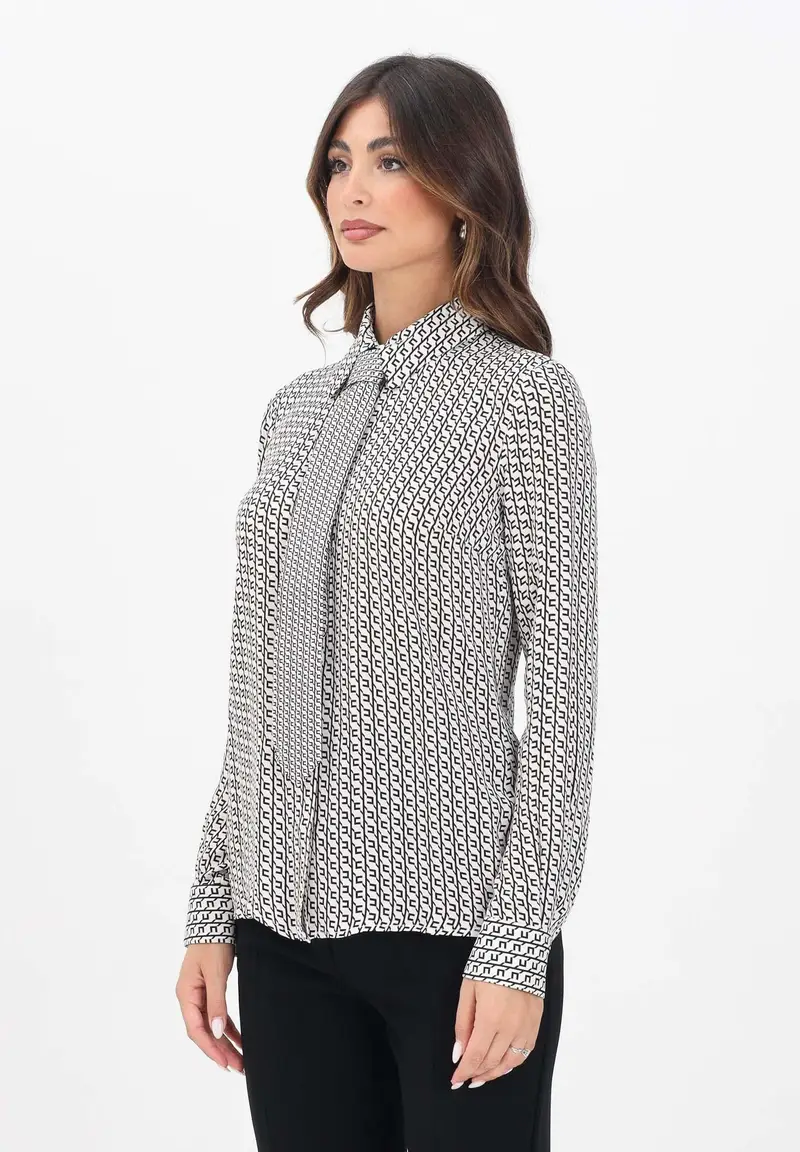 ELISABETTA FRANCHI Camicia a manica lunga panna da donna in georgette stampata con cravatta