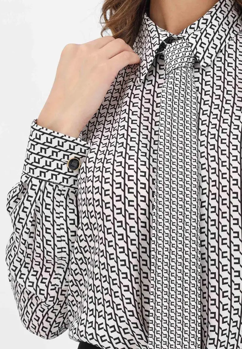 ELISABETTA FRANCHI Camicia a manica lunga panna da donna in georgette stampata con cravatta miniatura 2