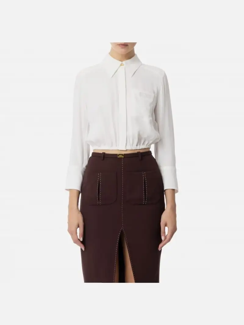 Elisabetta Franchi camicia bianca donna in misto viscosa crop mini logo sul petto