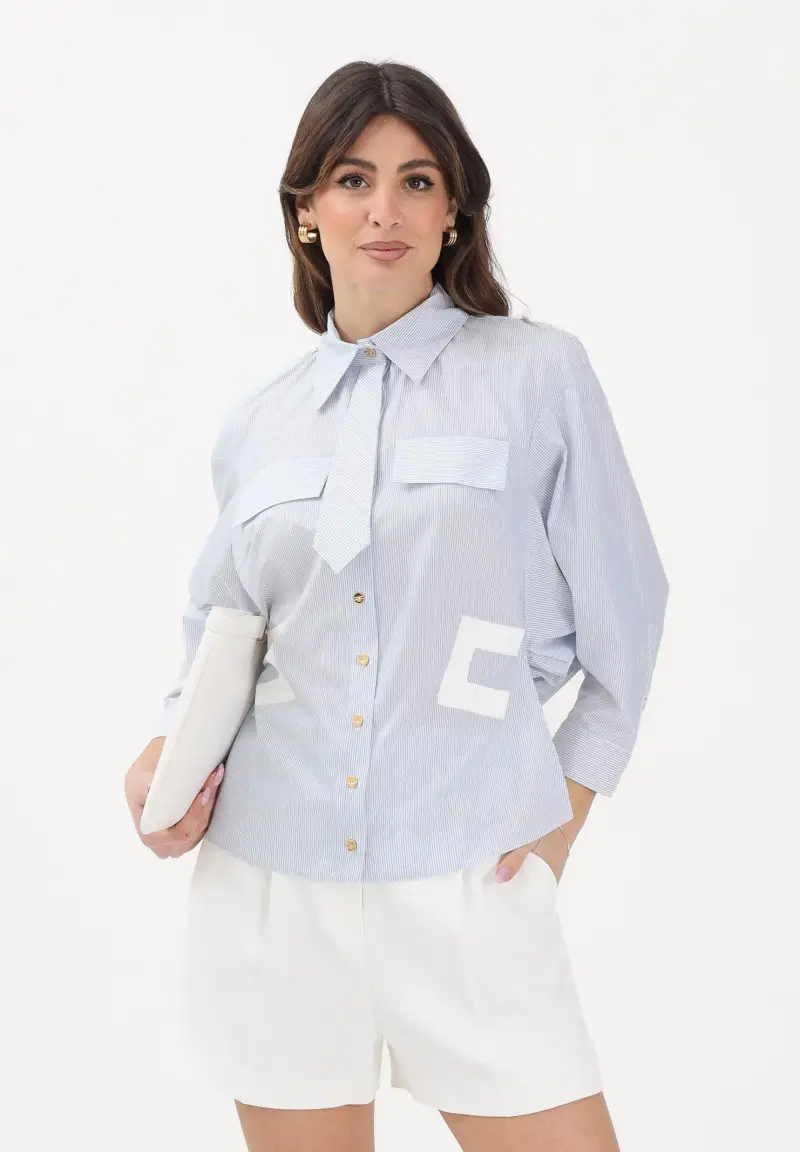 Camicia con maniche a 3/4 bianca da donna con motivo a righe azzurre miniatura 2