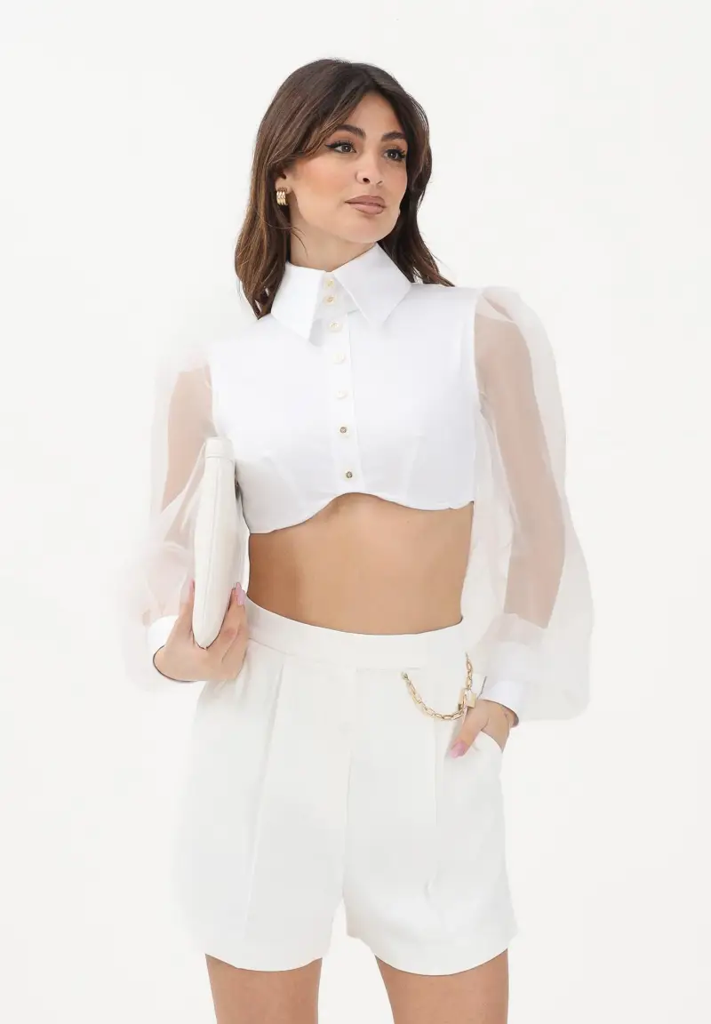 Camicia crop bianca da donna con maniche dai volumi balloon miniatura 2
