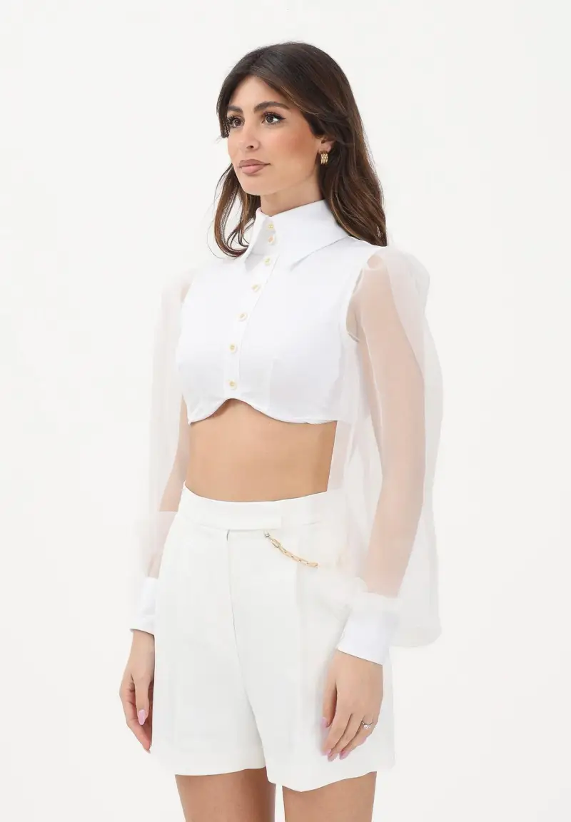 Camicia crop bianca da donna con maniche dai volumi balloon