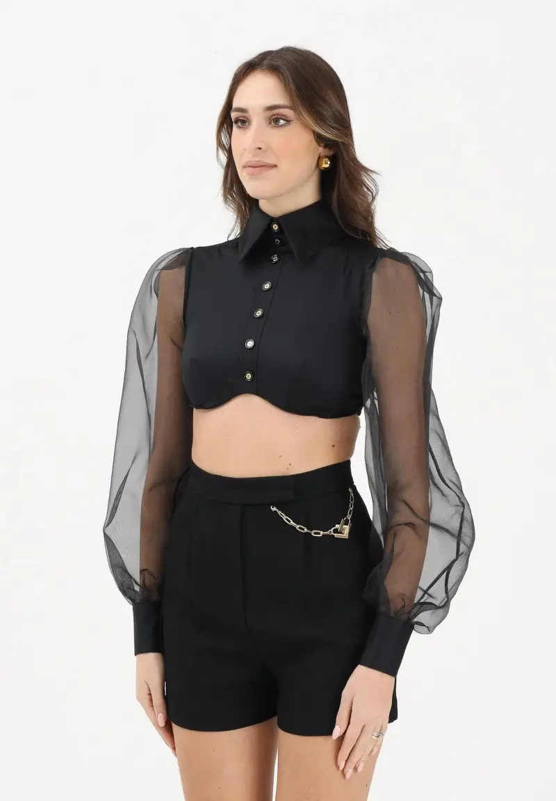 Camicia crop nera da donna con maniche dai volumi balloon