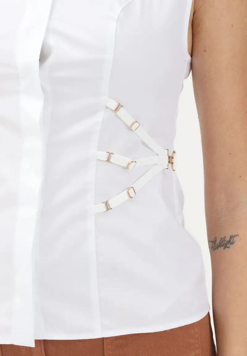 Camicia smanicata bianca da donna con elastici miniatura 3