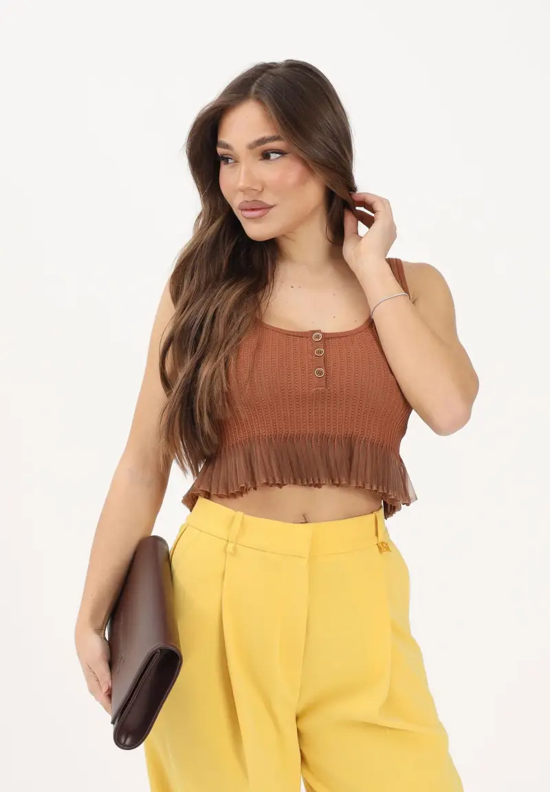 Canotta cuoio da donna in maglia à jour miniatura 2