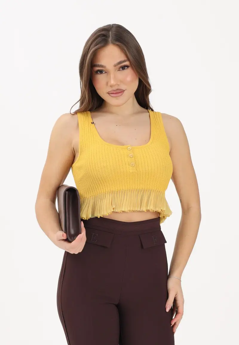 Canotta gialla da donna in maglia à jour miniatura 2