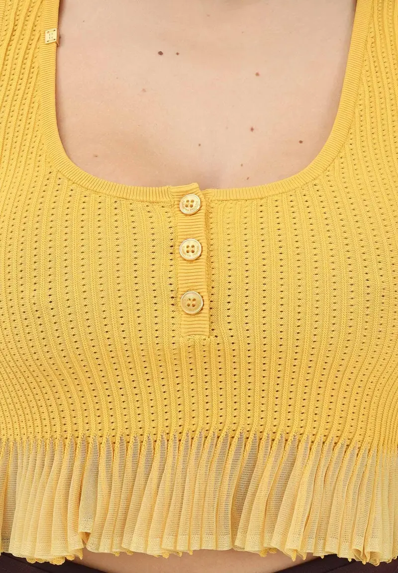 Canotta gialla da donna in maglia à jour miniatura 3