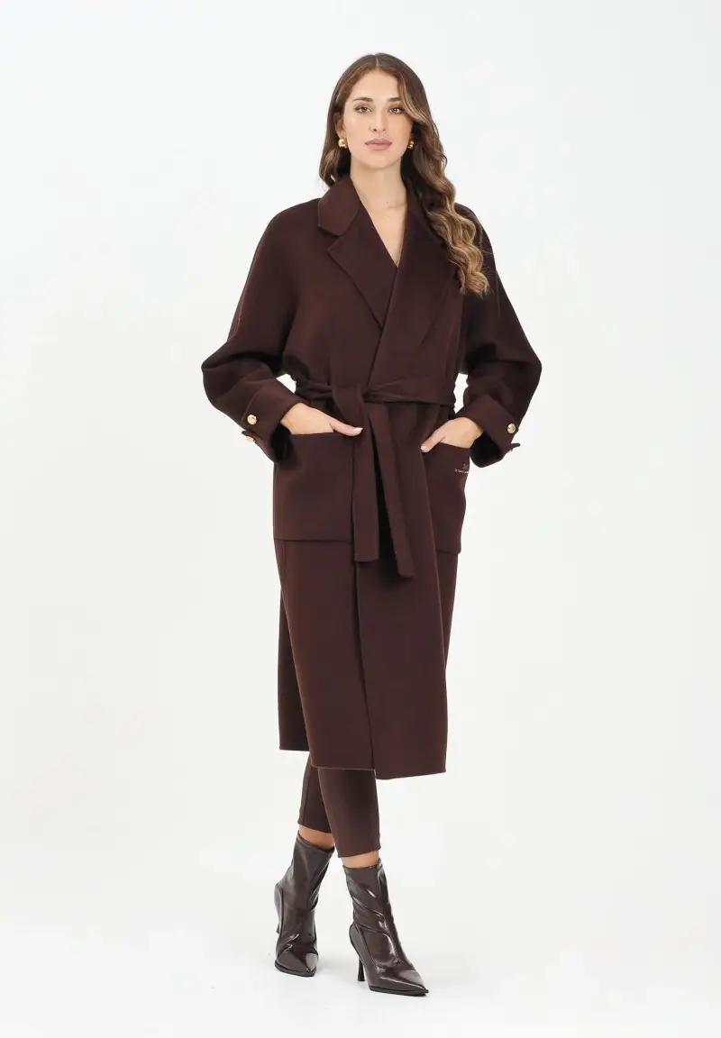 Cappotto a vestaglia in panno marrone da donna miniatura 2