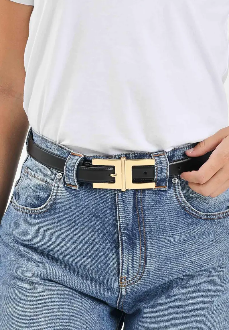 Cintura a vita alta nera da donna con fibbia logo miniatura 3