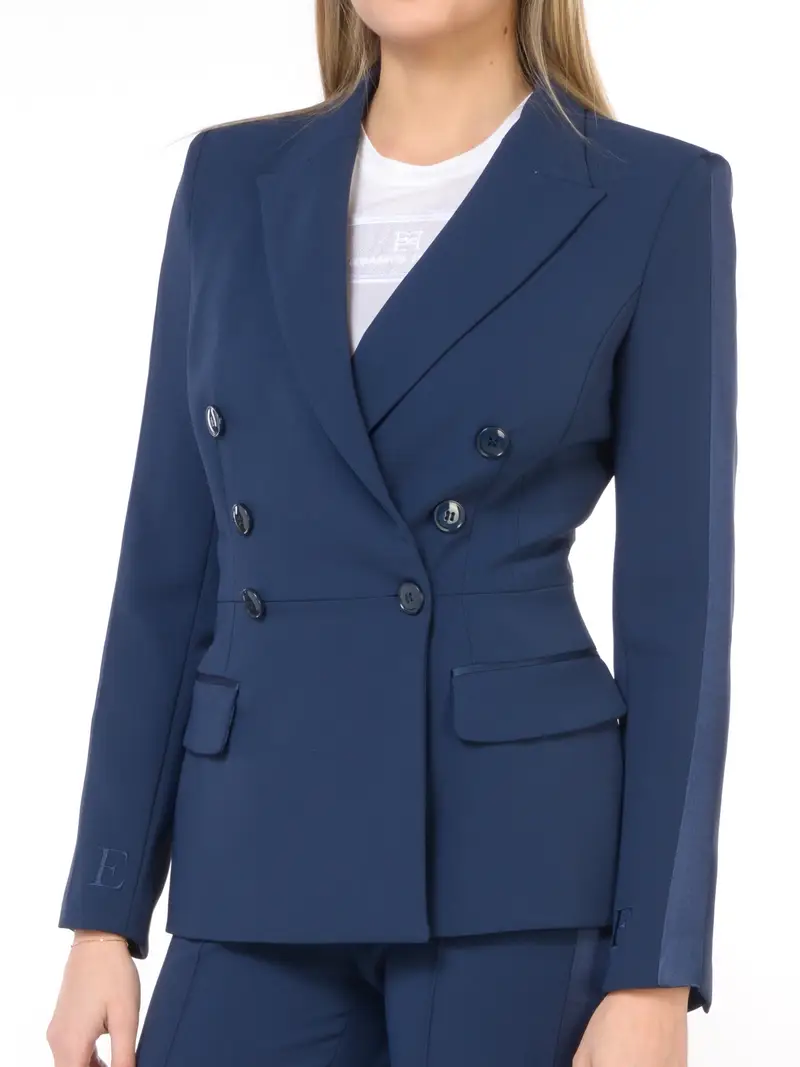 completo Pantalone da donna Elisabetta Franchi a doppiopetto con bande in raso Blu miniatura 2