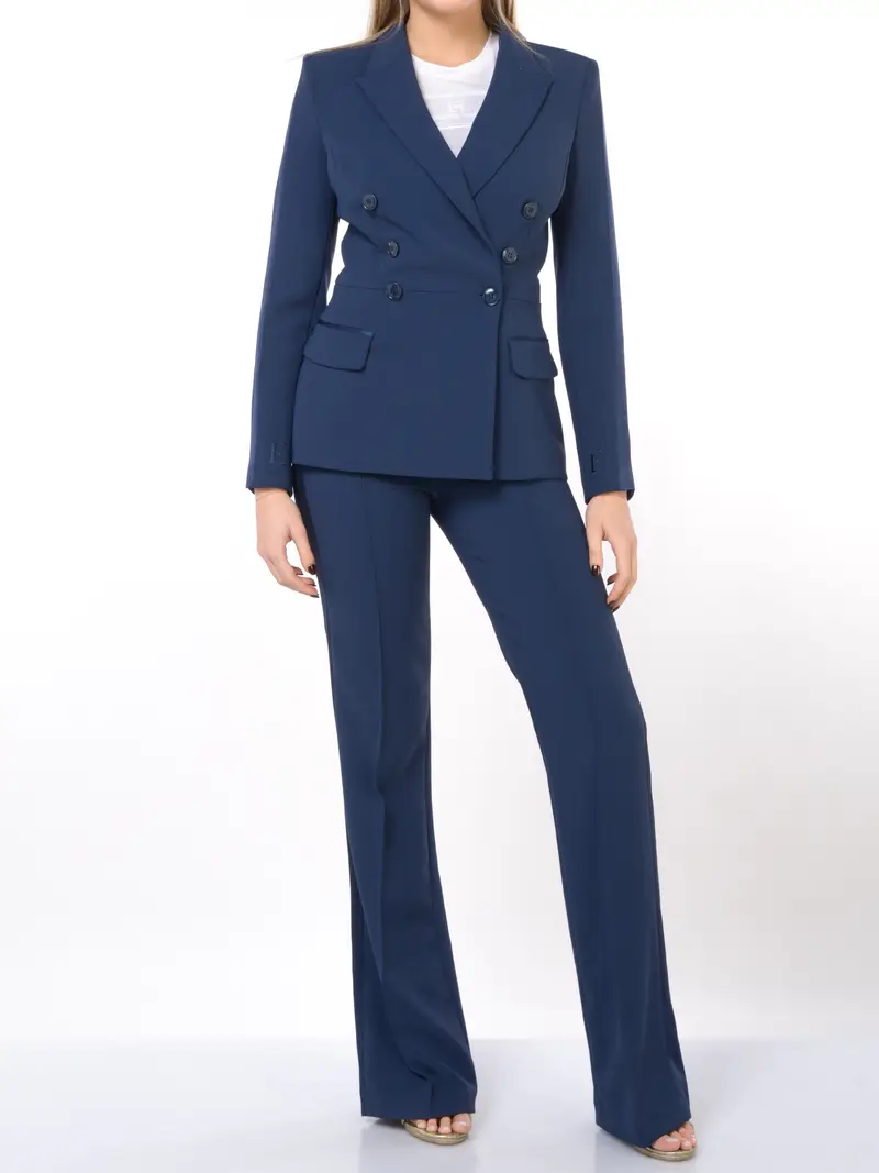 completo Pantalone da donna Elisabetta Franchi a doppiopetto con bande in raso Blu