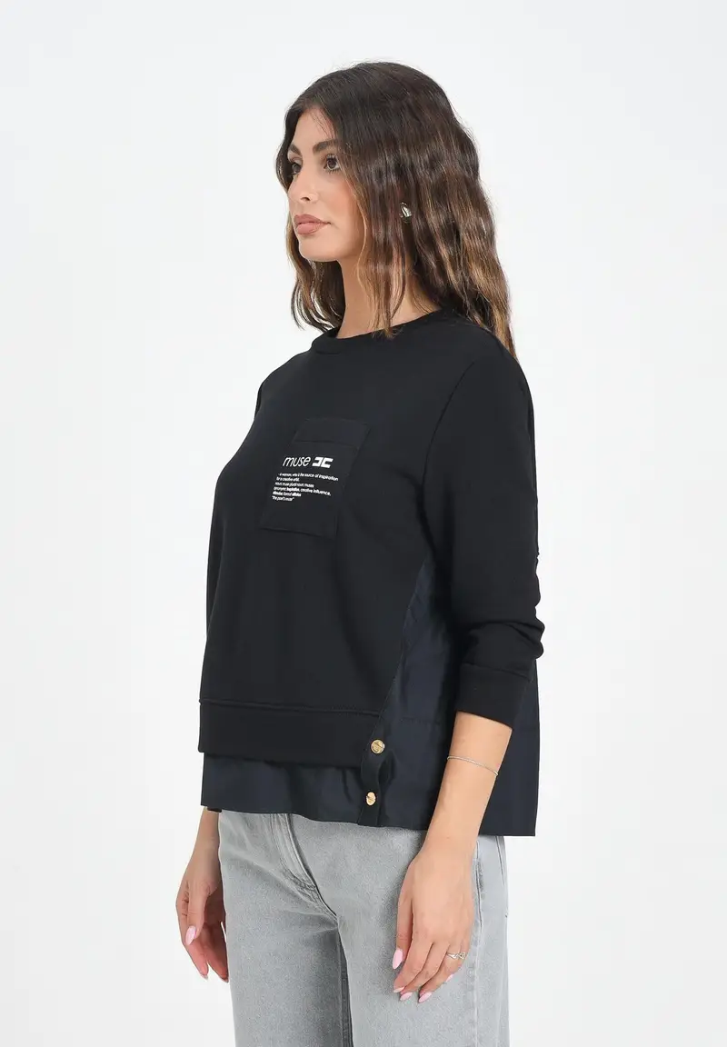 ELISABETTA FRANCHI Felpa girocollo nera da donna con dettagli in popeline