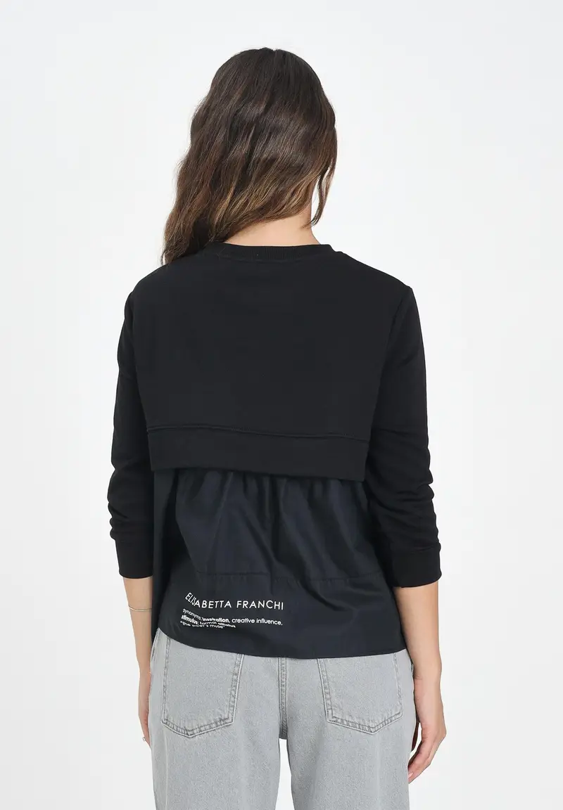ELISABETTA FRANCHI Felpa girocollo nera da donna con dettagli in popeline miniatura 3