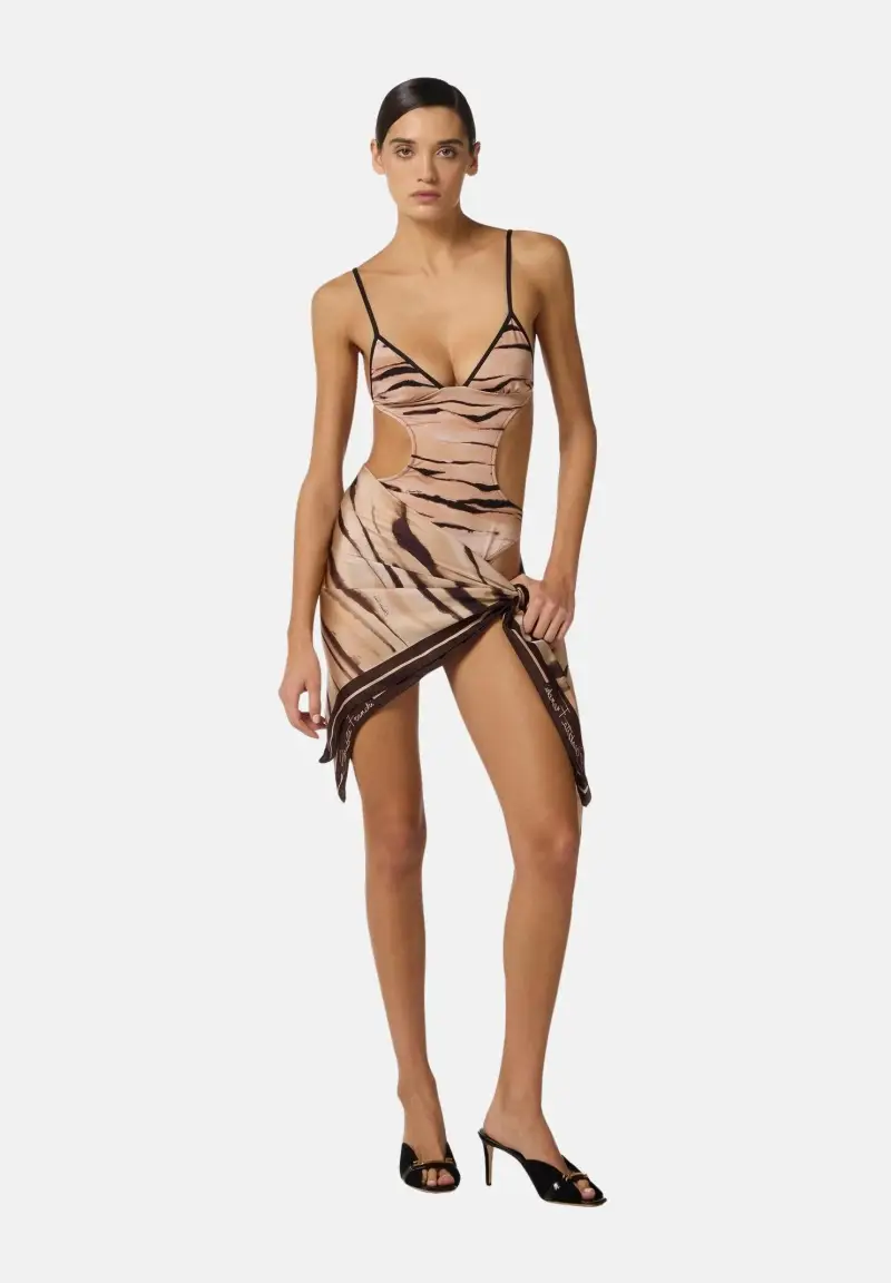 Foulard beige e marrone da donna con stampa tigre miniatura 3