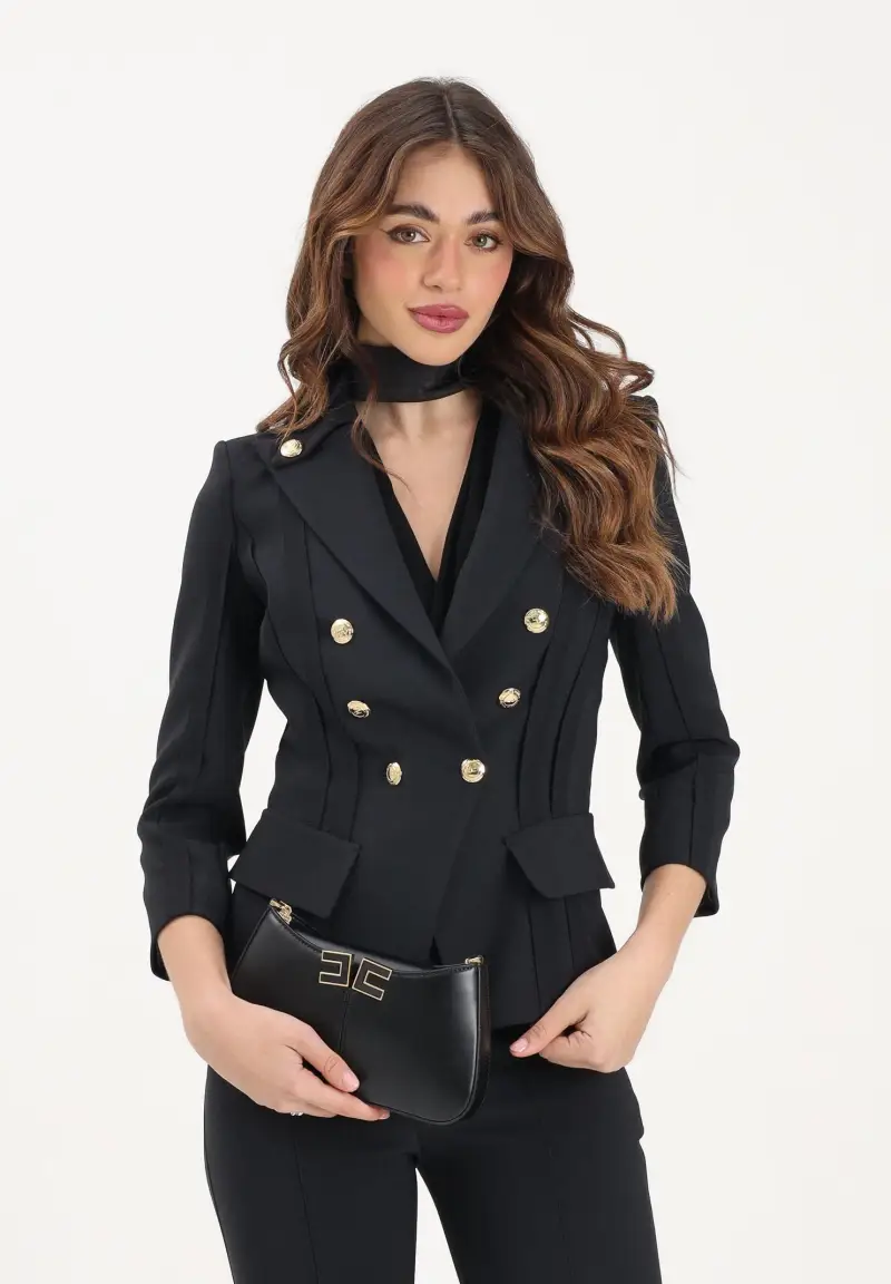 Giacca doppiopetto nera da donna con motivi a taglio vivo miniatura 2