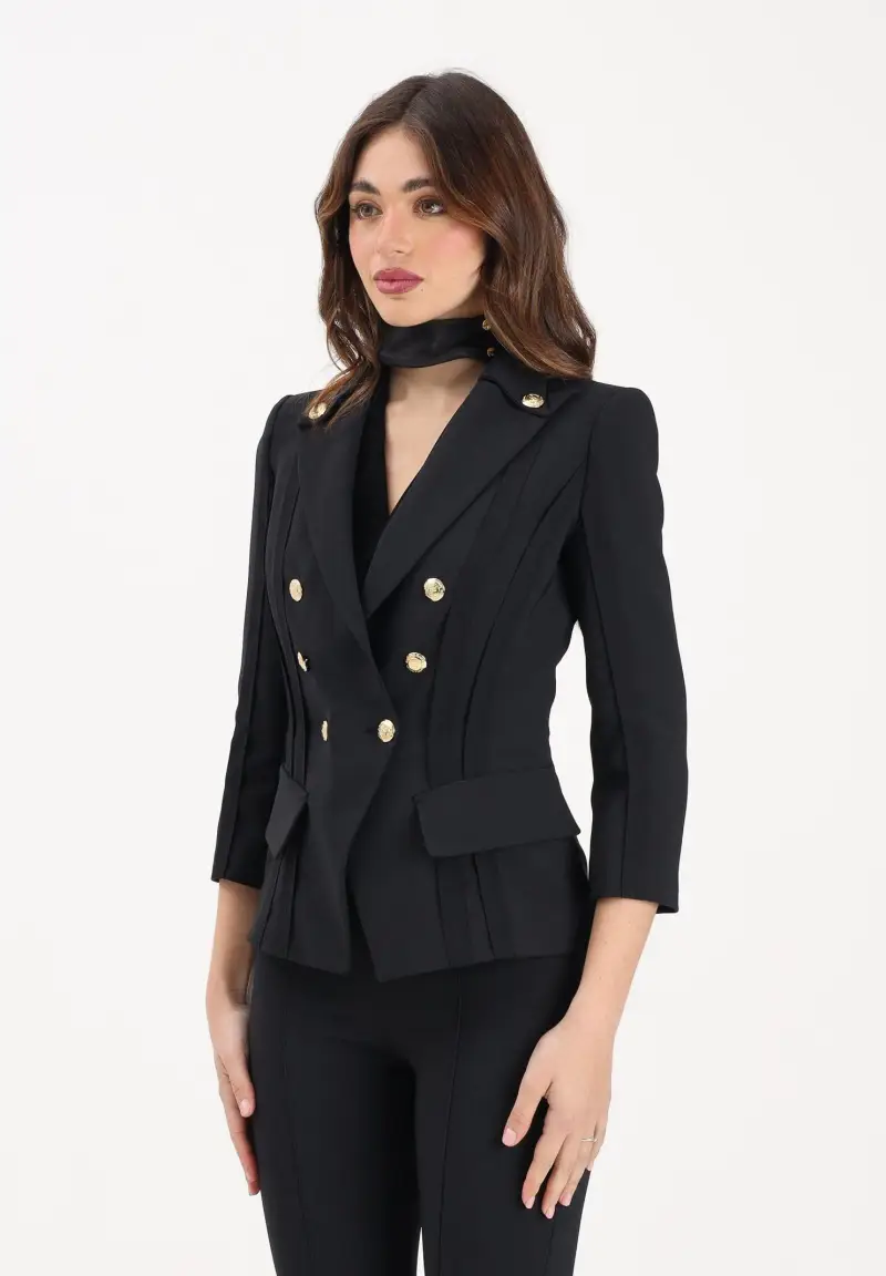 Giacca doppiopetto nera da donna con motivi a taglio vivo