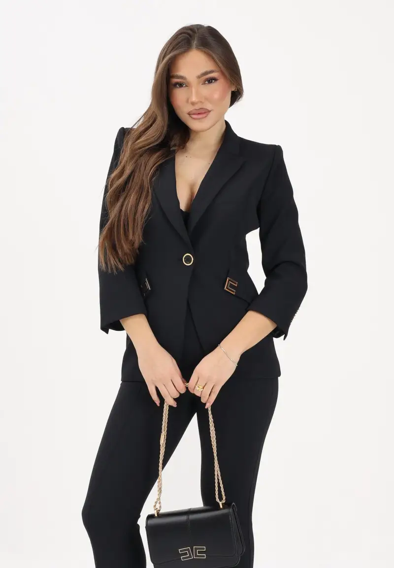 Giacca monopetto nera da donna con dettagli logo miniatura 2