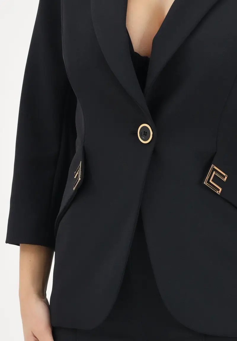 Giacca monopetto nera da donna con dettagli logo miniatura 3