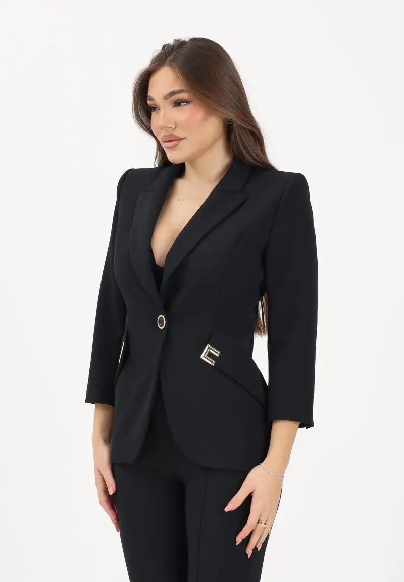 Giacca monopetto nera da donna con dettagli logo