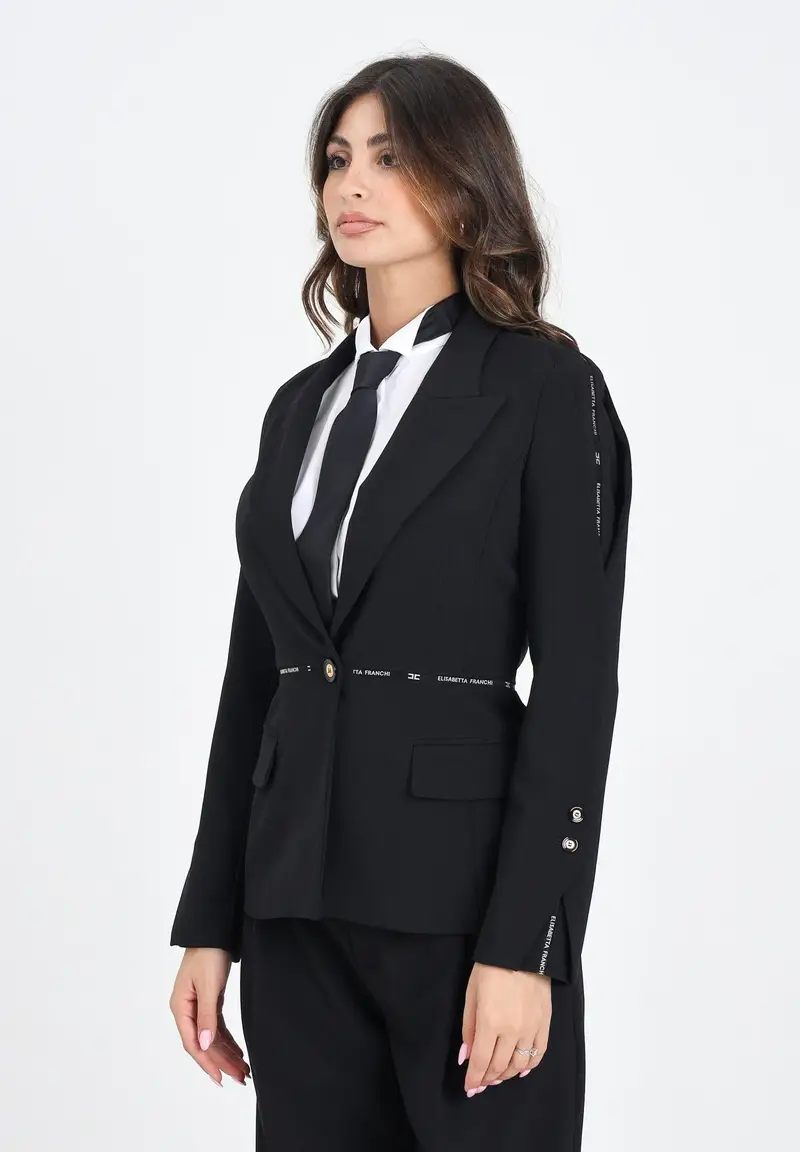 ELISABETTA FRANCHI Giacca monopetto nera da donna con nastro logo