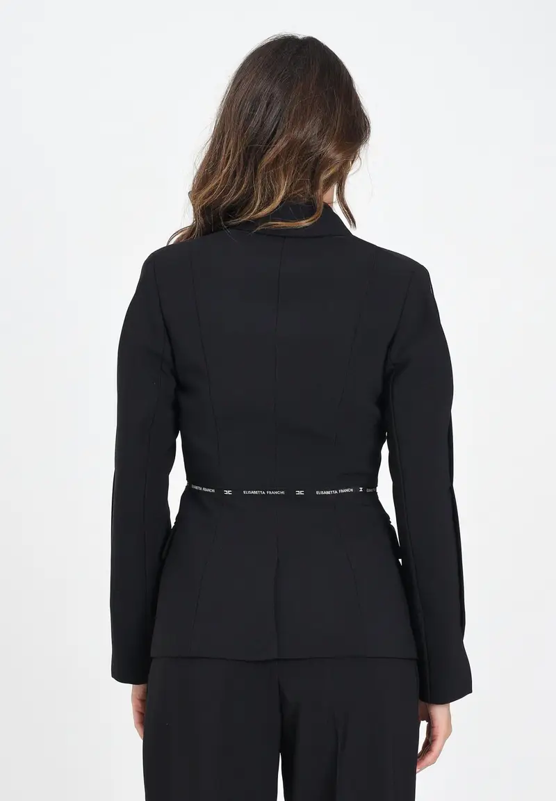 ELISABETTA FRANCHI Giacca monopetto nera da donna con nastro logo miniatura 3
