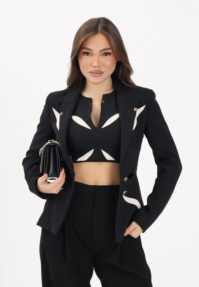 Giacca monopetto nera e burro da donna con cut-out bicolore miniatura 2