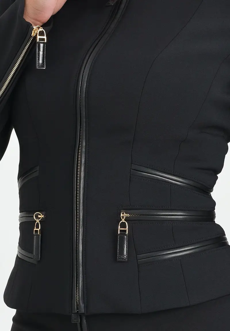 ELISABETTA FRANCHI Giacca nera da donna in doppio crêpe con dettagli zip miniatura 2