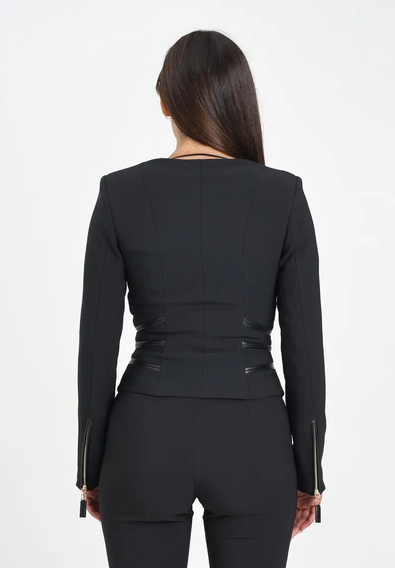 ELISABETTA FRANCHI Giacca nera da donna in doppio crêpe con dettagli zip miniatura 3