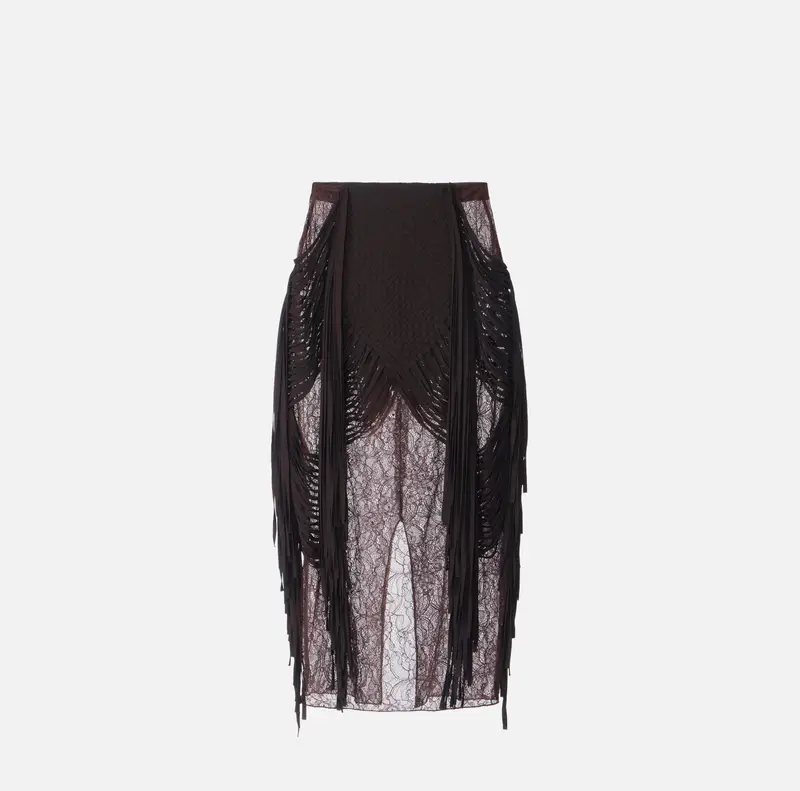 Gonna in pizzo floreale con frange