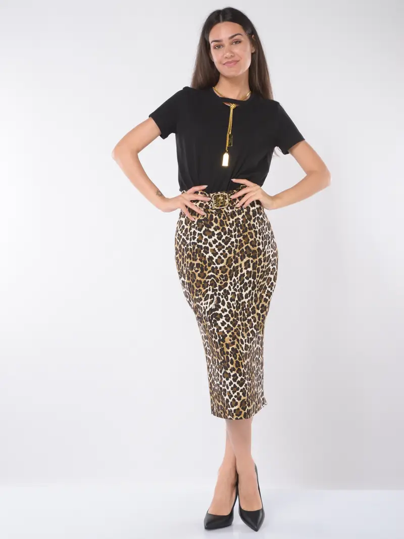 gonna lunga da donna Elisabetta Franchi a tubino animalier BEIGE miniatura 2