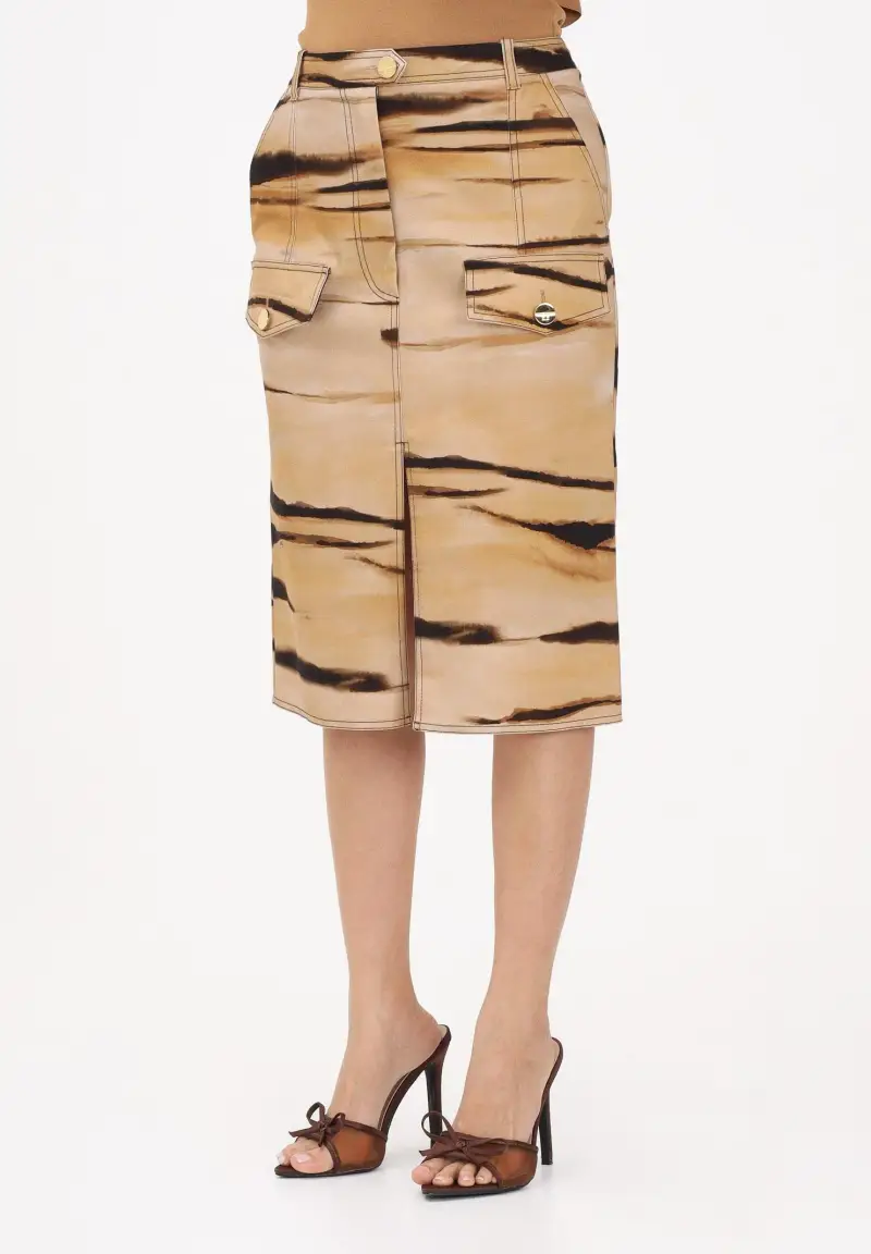 Gonna midi beige da donna con stampa tigre