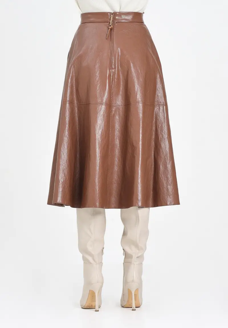 ELISABETTA FRANCHI Gonna midi cammello da donna con dettagli logo miniatura 3