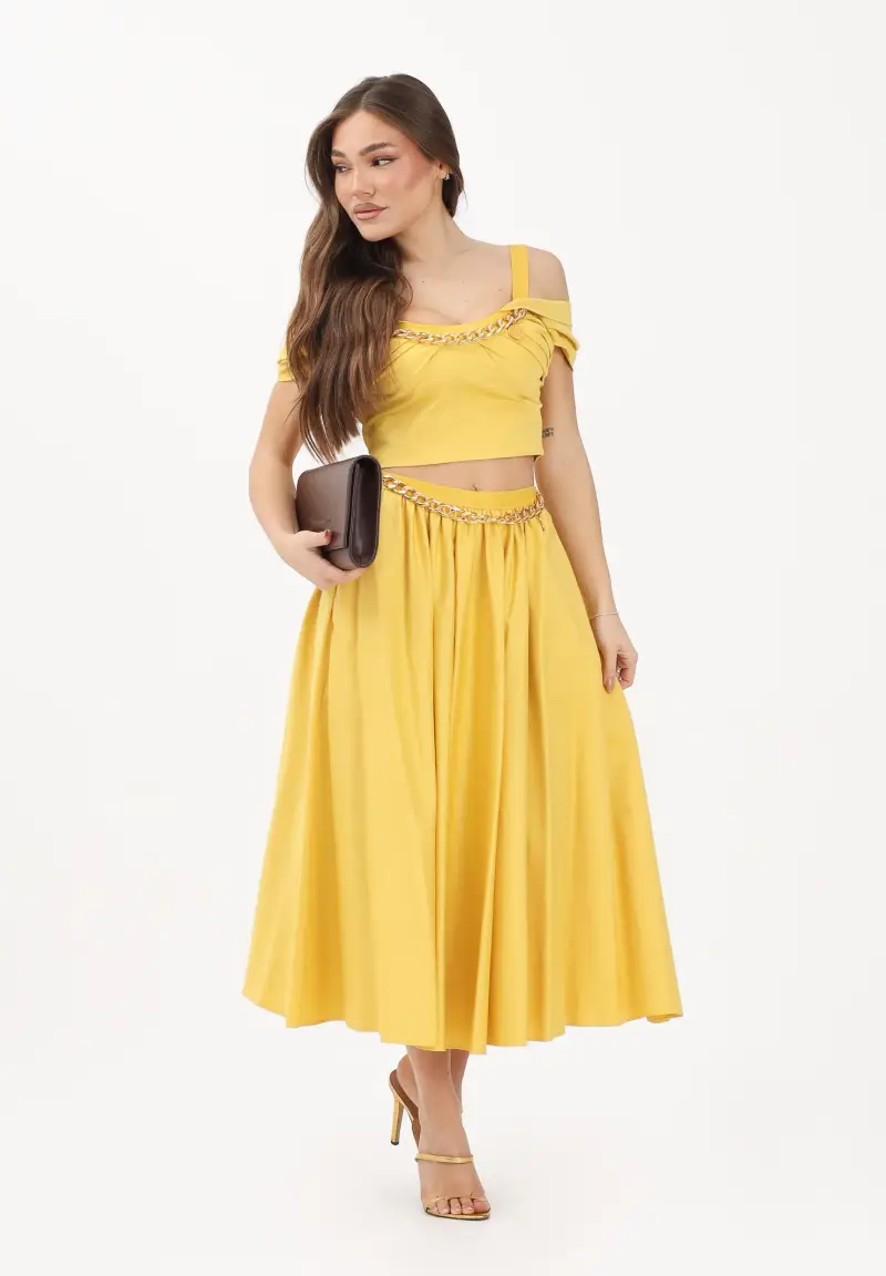 Gonna midi gialla da donna con dettaglio gioiello miniatura 2