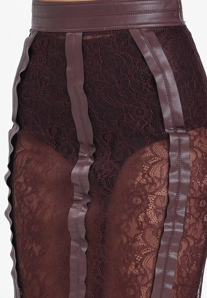 Gonna midi in pizzo floreale bordeaux da donna miniatura 3