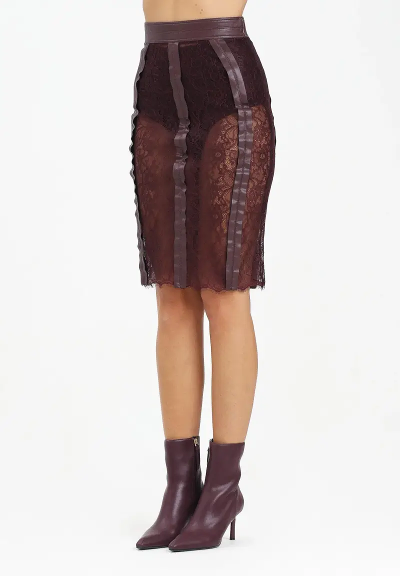 Gonna midi in pizzo floreale bordeaux da donna