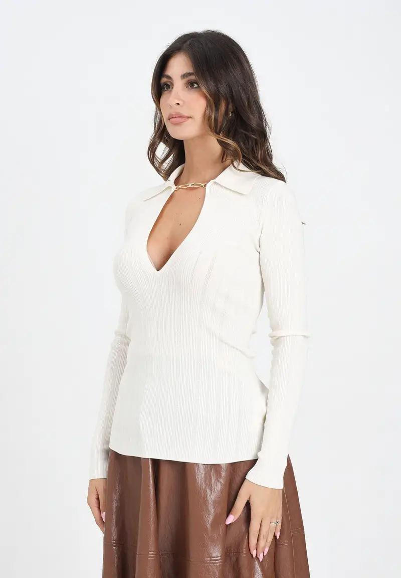 ELISABETTA FRANCHI Maglia a costine color latte da donna con dettagli à jour
