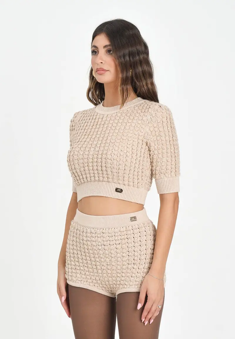 ELISABETTA FRANCHI Maglia a manica corta beige da donna con paillettes