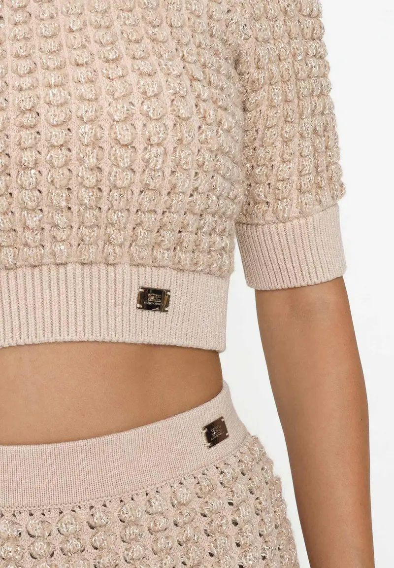 ELISABETTA FRANCHI Maglia a manica corta beige da donna con paillettes miniatura 2