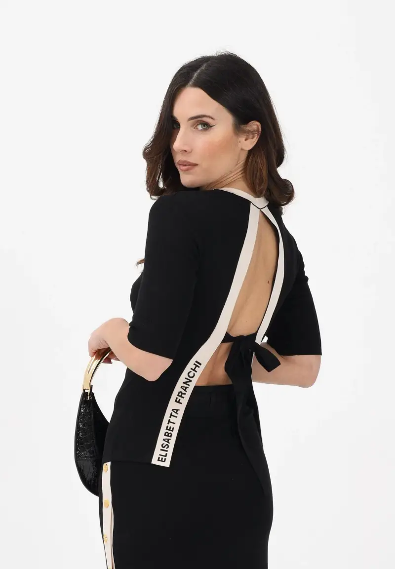 Maglia girocollo nera da donna con maniche ¾ e schiena scoperta miniatura 2