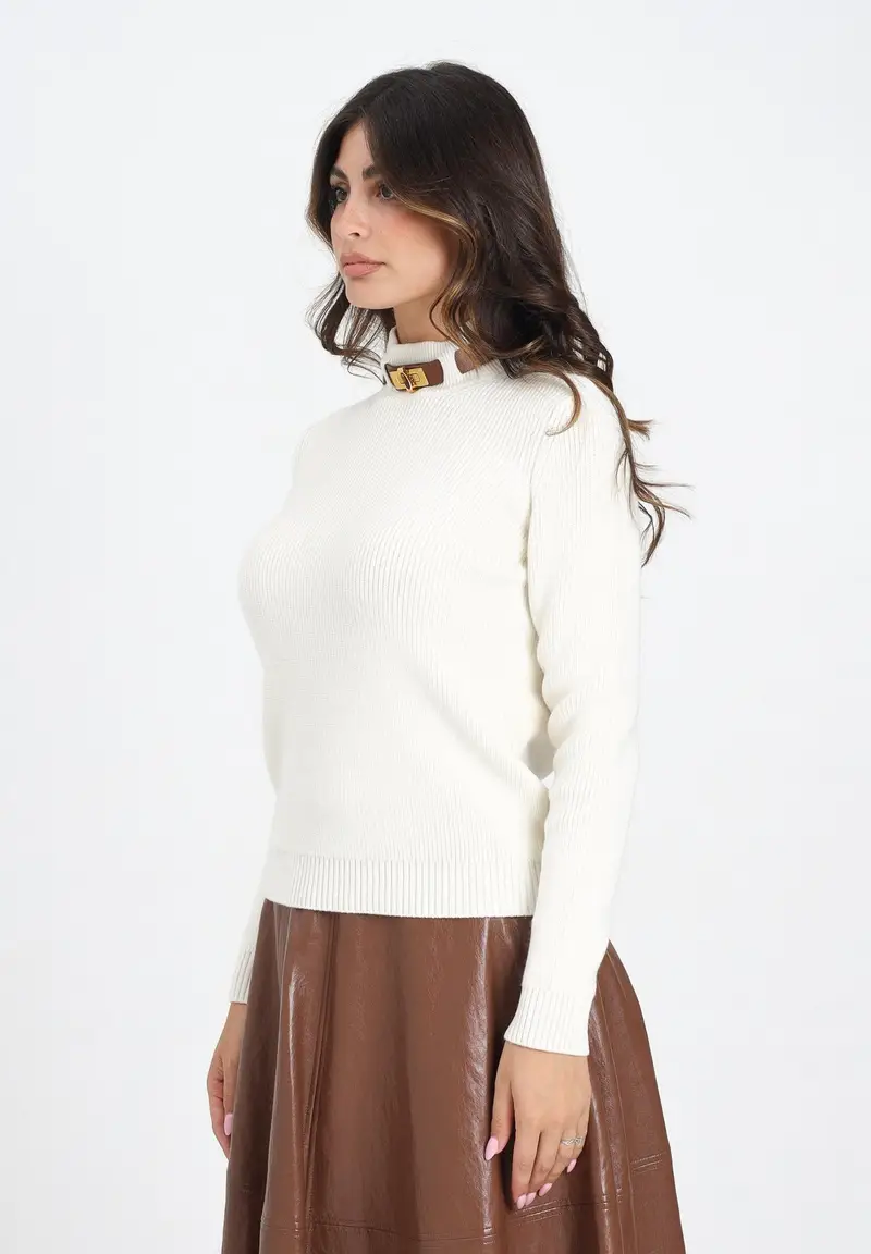 ELISABETTA FRANCHI Maglioncino a collo alto color latte da donna con cinturino gioiello