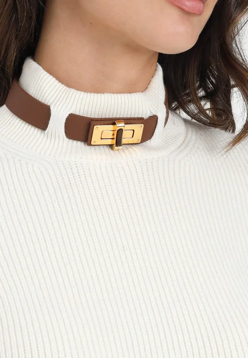 ELISABETTA FRANCHI Maglioncino a collo alto color latte da donna con cinturino gioiello miniatura 2