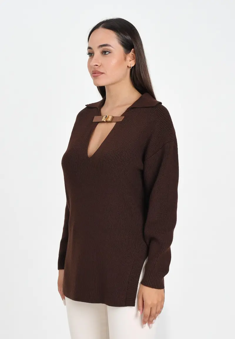 ELISABETTA FRANCHI Maglioncino color caffè da donna con cinturino gioiello