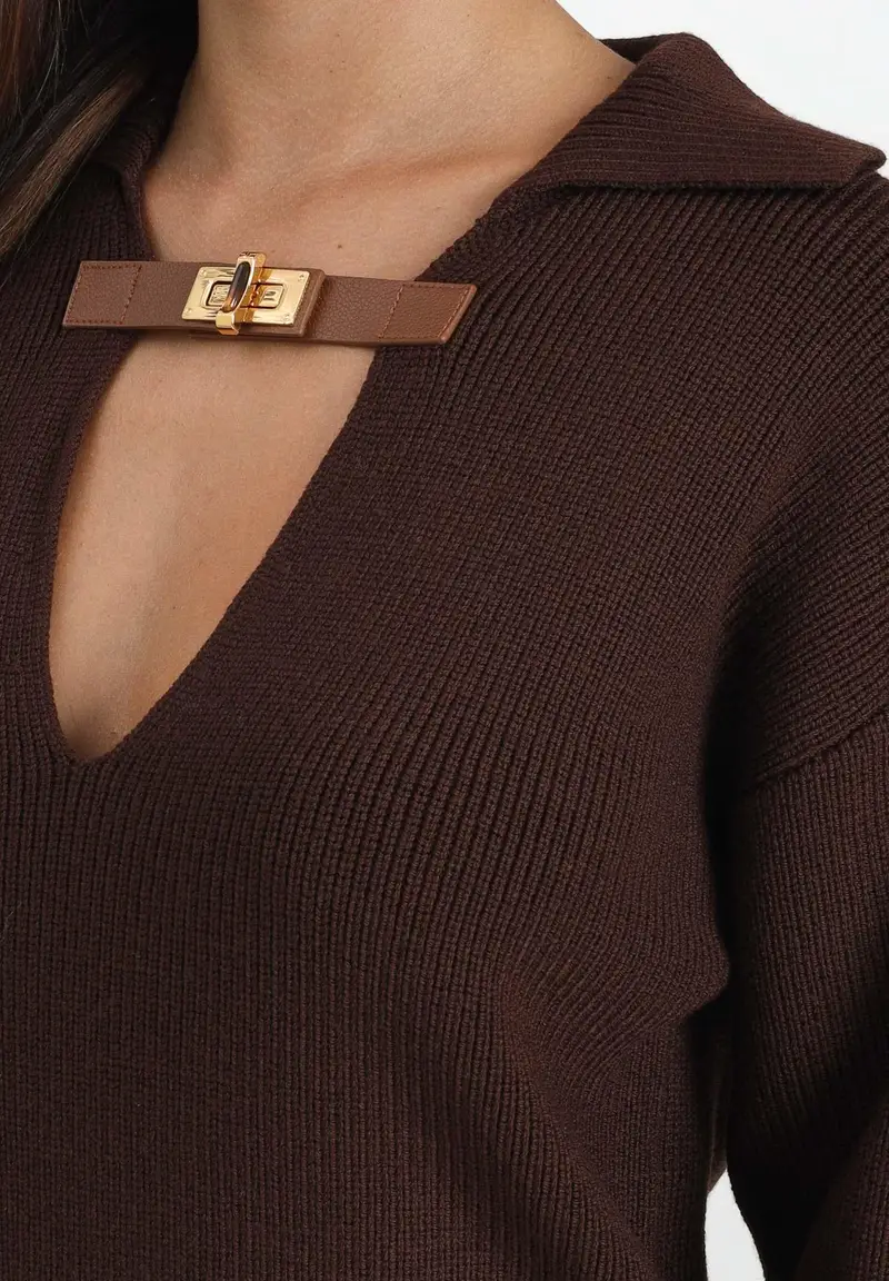 ELISABETTA FRANCHI Maglioncino color caffè da donna con cinturino gioiello miniatura 2