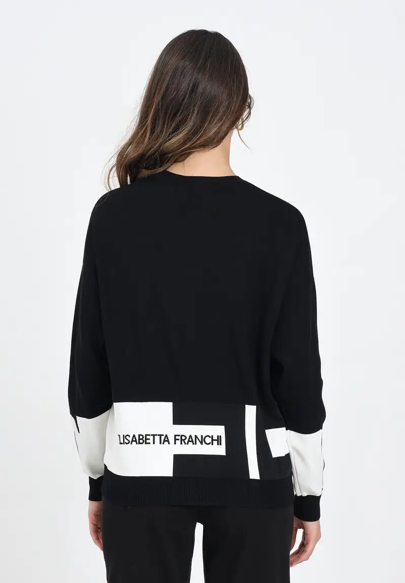 ELISABETTA FRANCHI Maglioncino girocollo nero da donna con bande lucide miniatura 3