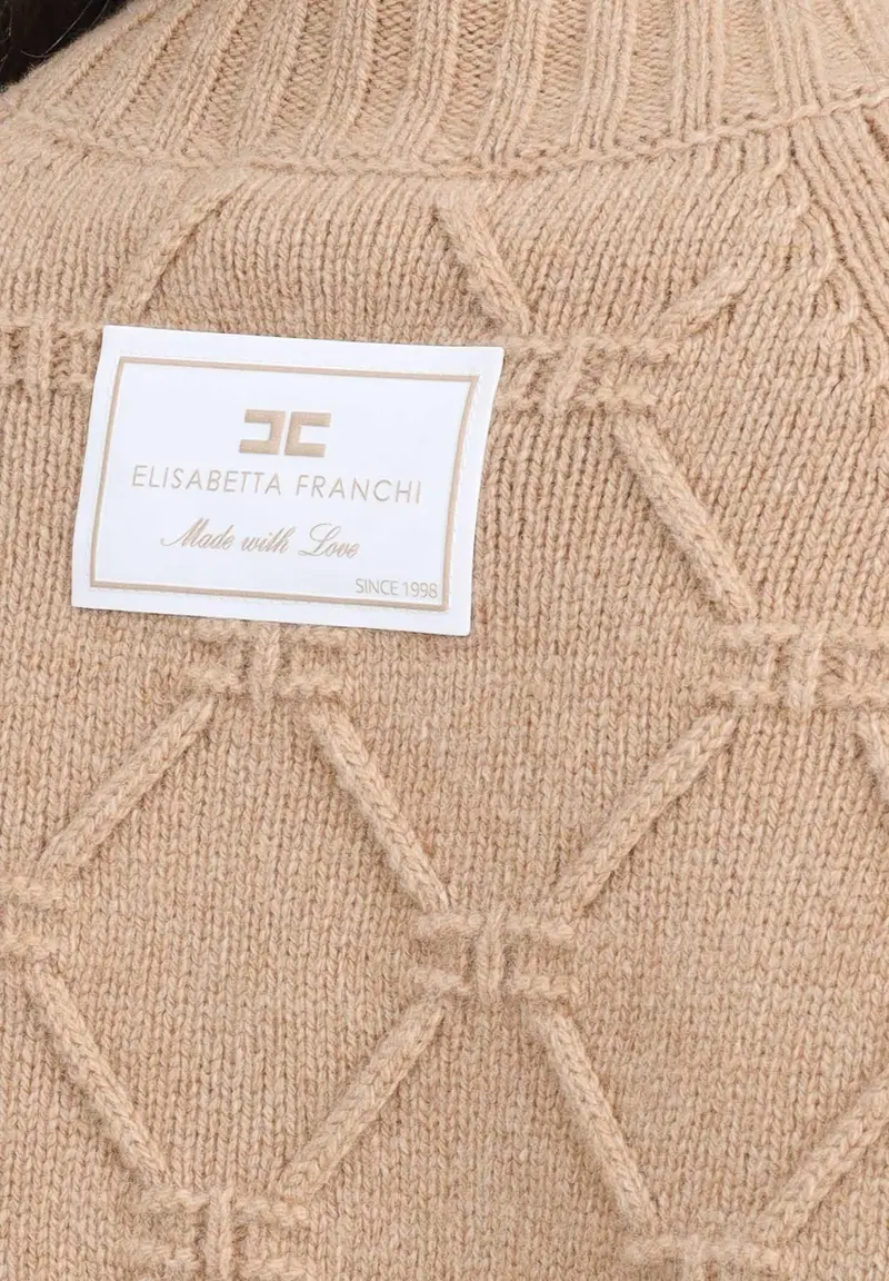 ELISABETTA FRANCHI Maglione a collo alto beige da donna con losanghe jacquard miniatura 2