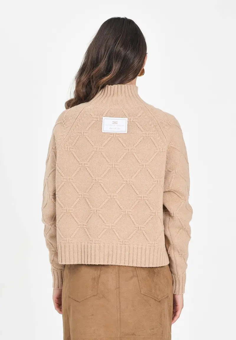 ELISABETTA FRANCHI Maglione a collo alto beige da donna con losanghe jacquard miniatura 3