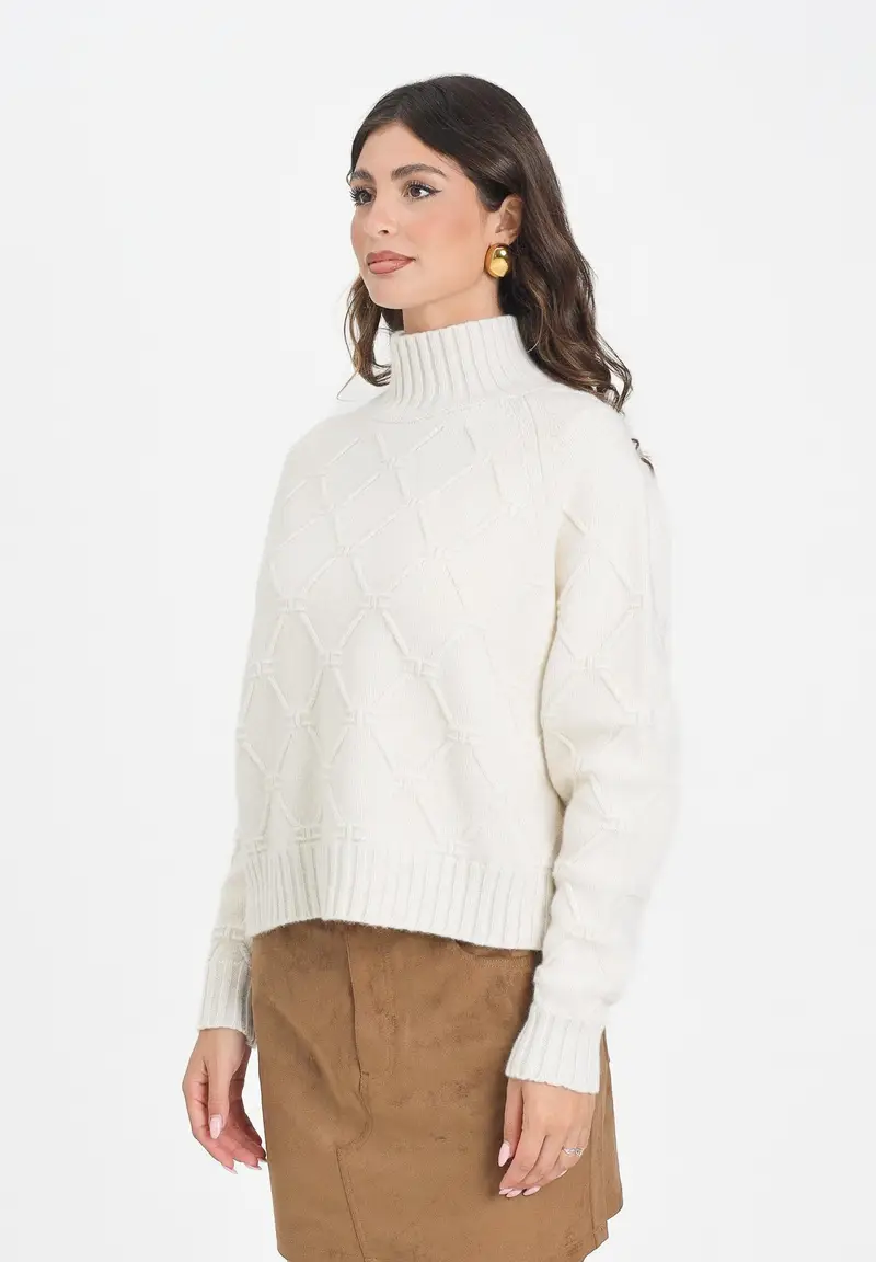 ELISABETTA FRANCHI Maglione a collo alto panna da donna con losanghe jacquard