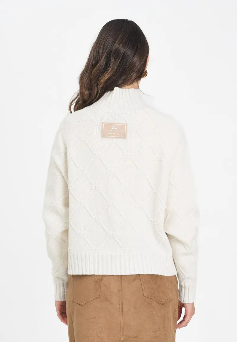 ELISABETTA FRANCHI Maglione a collo alto panna da donna con losanghe jacquard miniatura 3