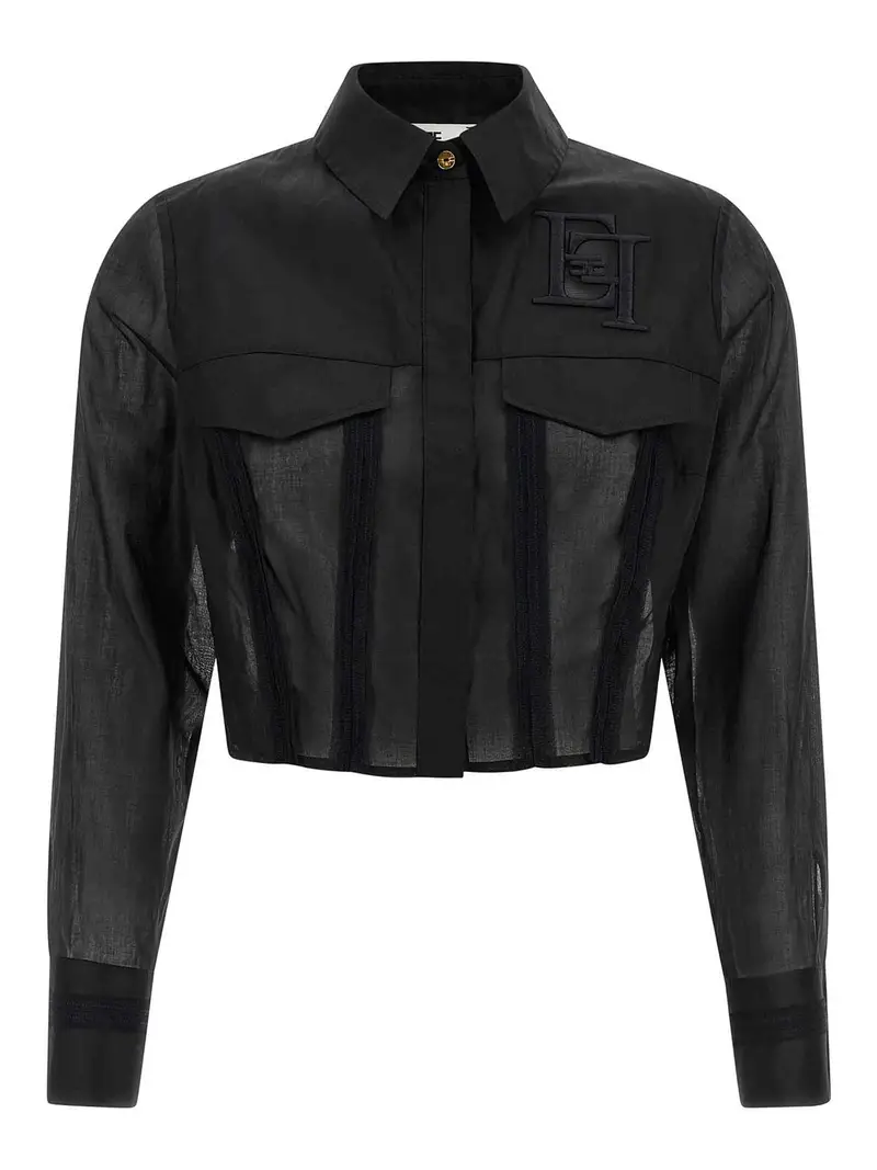 Maxi camicia corta con ricamo logo Nero